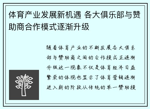 体育产业发展新机遇 各大俱乐部与赞助商合作模式逐渐升级